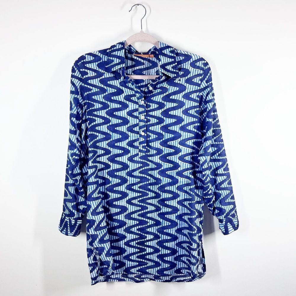 Oliphant tuckernuck blue boho printed cotton tunic blouse